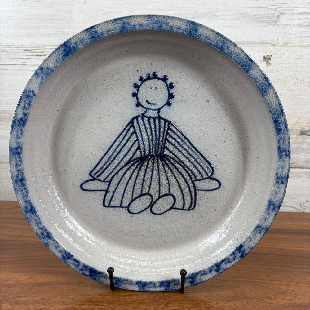 Eldreth Pottery Cobalt Blue Folk Art Rag Dog Pie Plate‎ 11 in. Signed 1980's